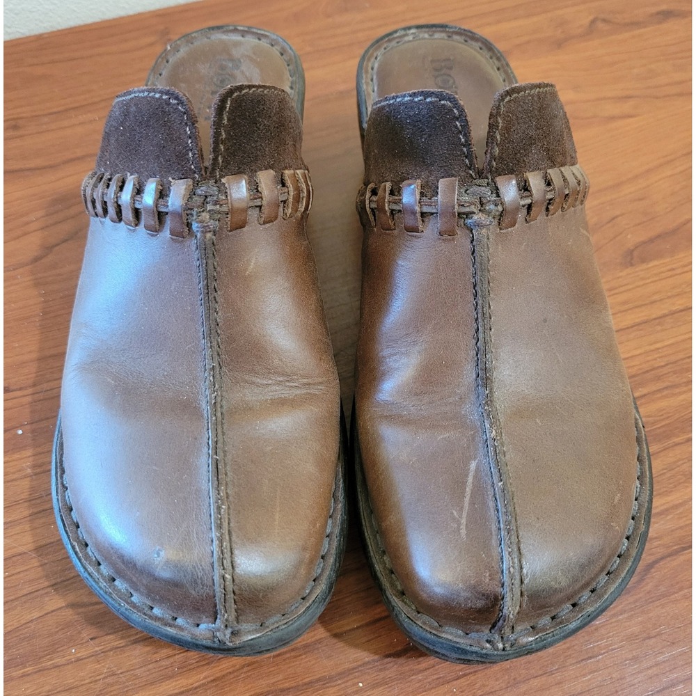 Born Brown Leather Clogs Mules Whipstitch Suede Trim Wedge Shoes Womens 8/39